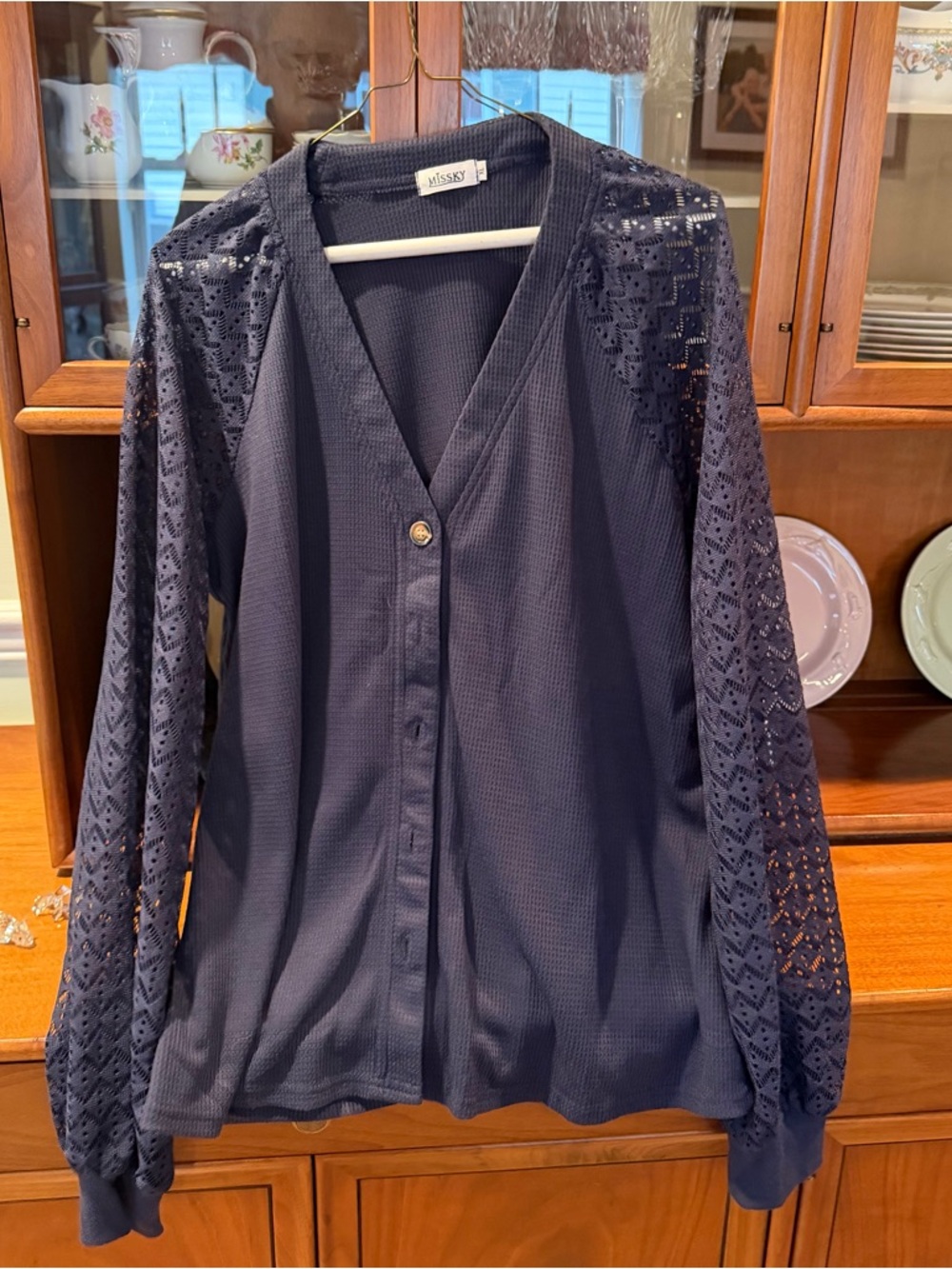 MISSKY navy polyester button down lace sleeve sweater.
